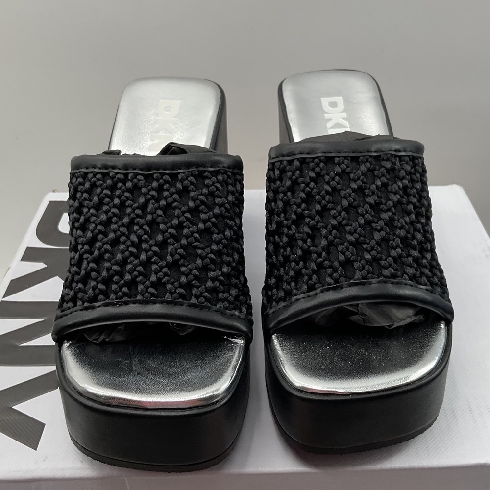 DKNY Womens Black Woven Platform Slide Sandals Silver Metallic Block Heel Mules
